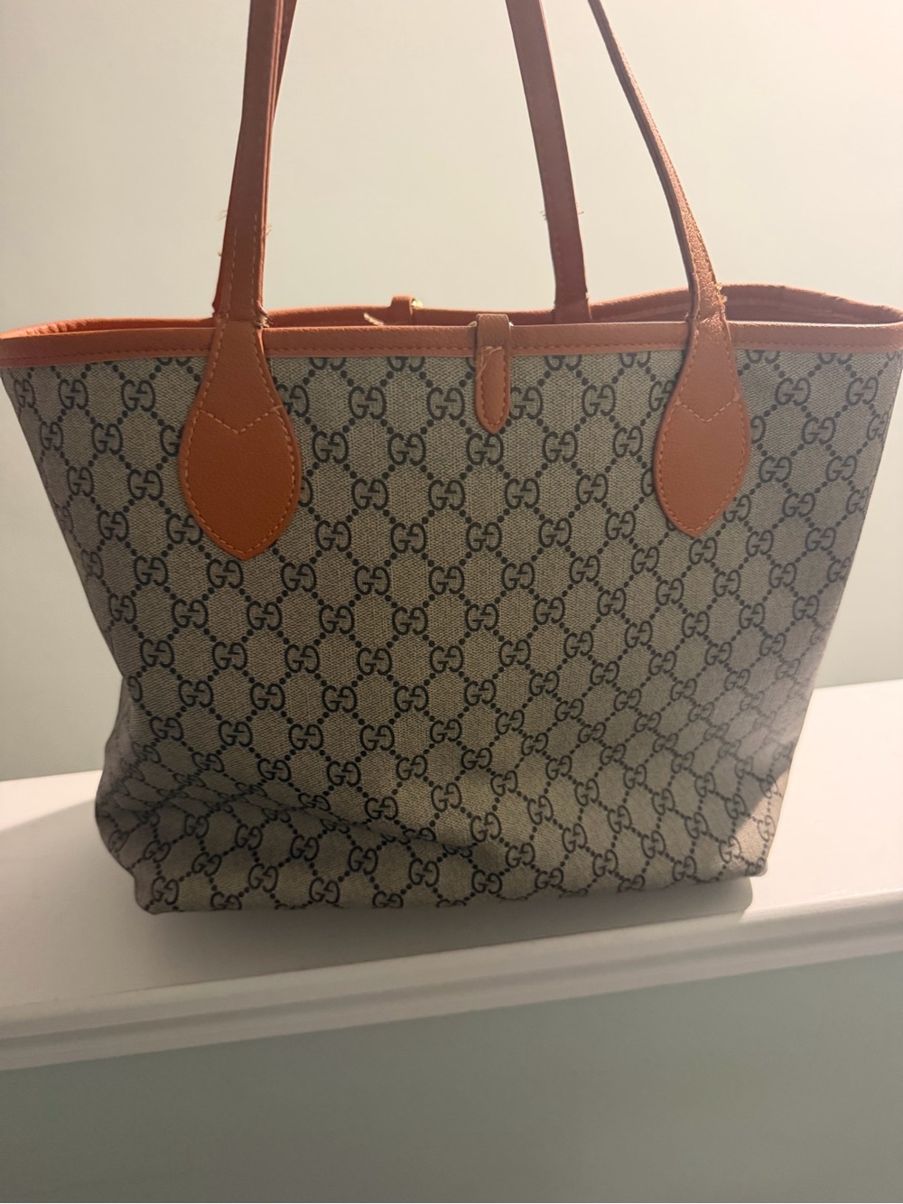 Beige GG Canvas Tote with Orange Trim